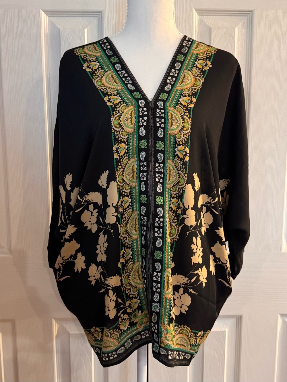 Rose & Olive Black Floral V-Neck Tunic with Green & Beige Trim
